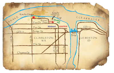 KiwiAir location map at port of Clarkston, just north of where Idaho, Oregon, and Washingto meet.